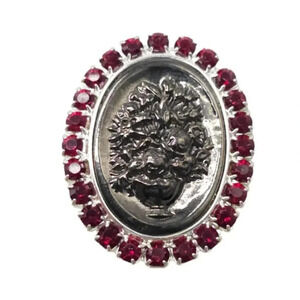 Ruby Red Rhinestones Embossed Rose Floral Brooch Pin Silver Tone Vintage